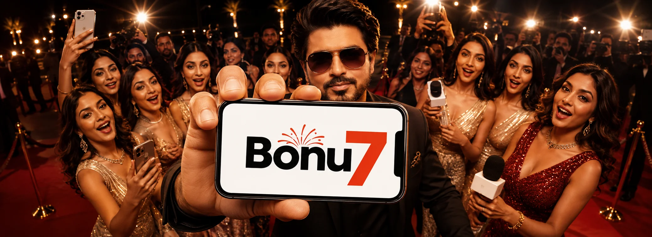 Bonu7 Casino India banner: the Bonu7 wordmark on a phone screen held up at a red-carpet event